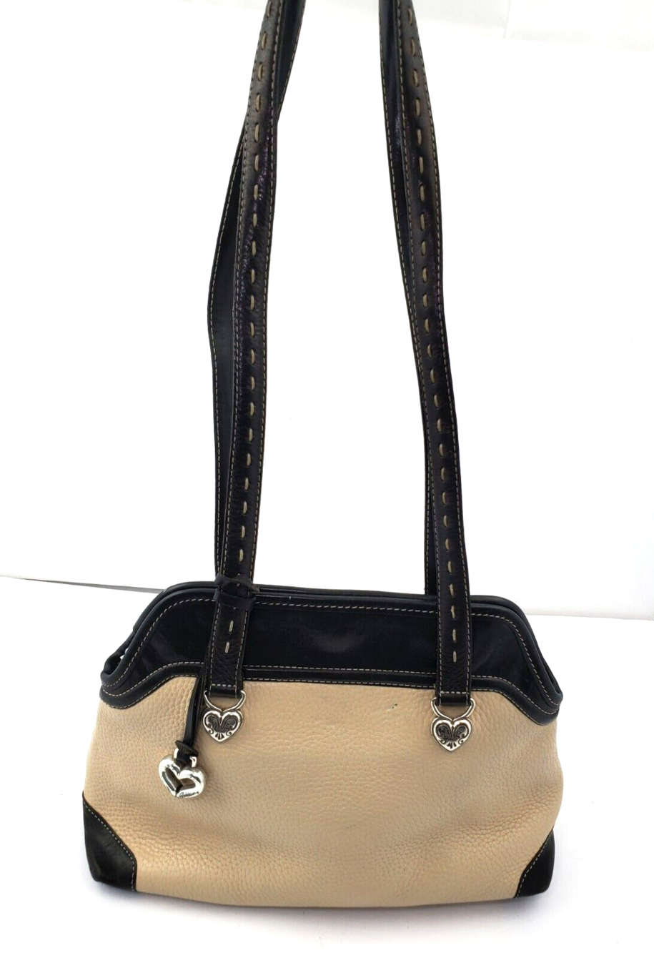 Vintage Brighton Cream/Black Genuine Pebbled Leather Shoulder Bag Hearts